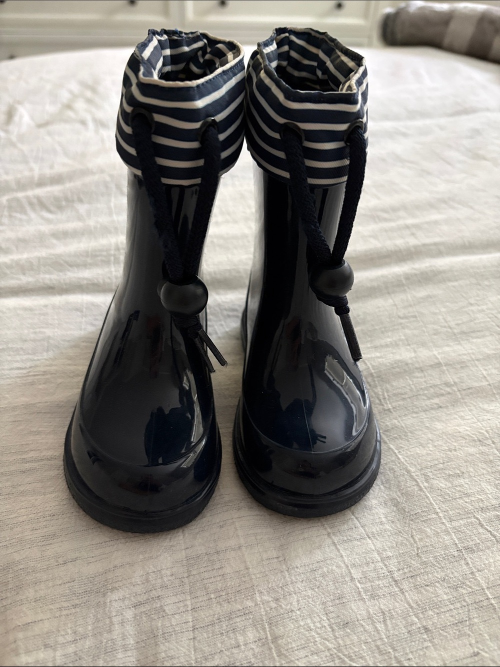 Igor Navy Blue Glossy Kids Rain Boots with Striped Cuff